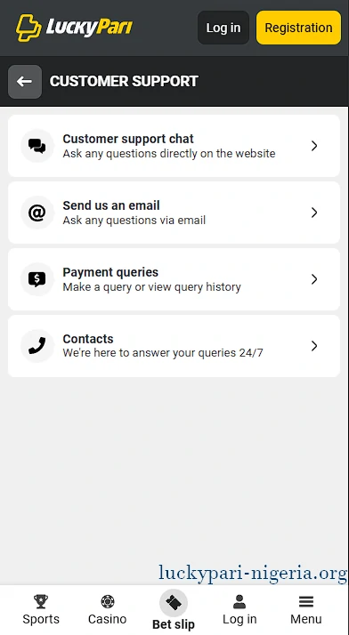 LuckyPari support menu screen